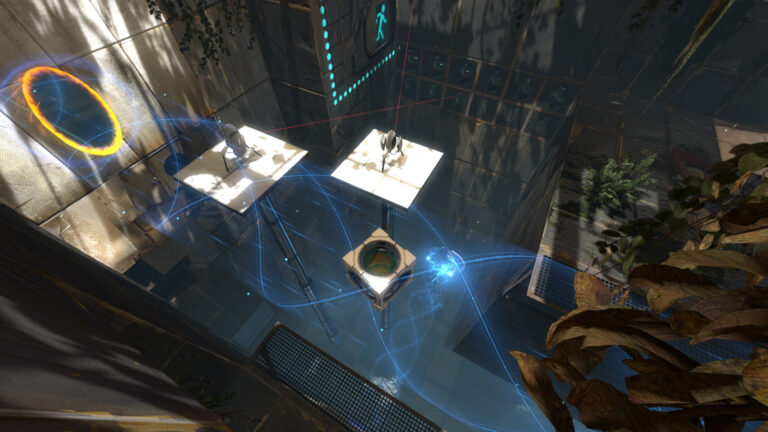 Screenshot fra Portal 2 co-op kampagne med portaler og samarbejdsgåder mellem spillere