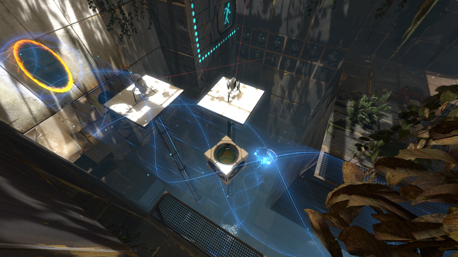 Screenshot fra Portal 2 co-op kampagne med portaler og samarbejdsgåder mellem spillere